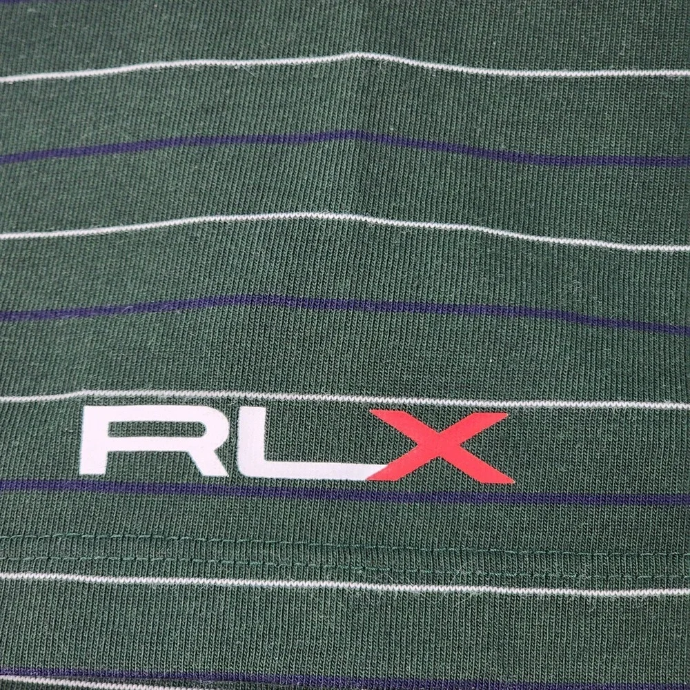 RLX Ralph Lauren Golf Polo Mens Large Green White Blue Striped Performance Shirt